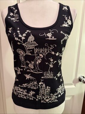 VTG BCBGMaxAzria Black Tank Top with White Embroidered Chinoiserie Motif Rare